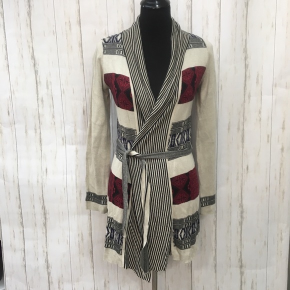 Belldini Sweaters - Belldini oatmeal navy red Aztec tie cardigan - S